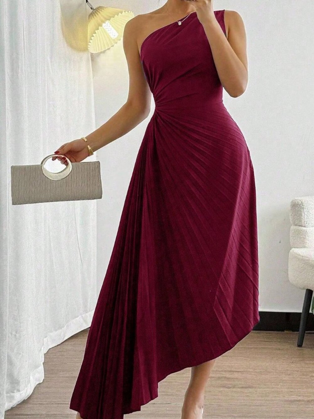 Burgundy Elegant Women's Sleeveless Pleated Mid-Length Dress - Picture 8 of 8